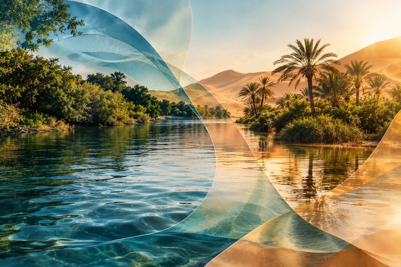 A river with lush green banks flowing into a desert oasis at sunset