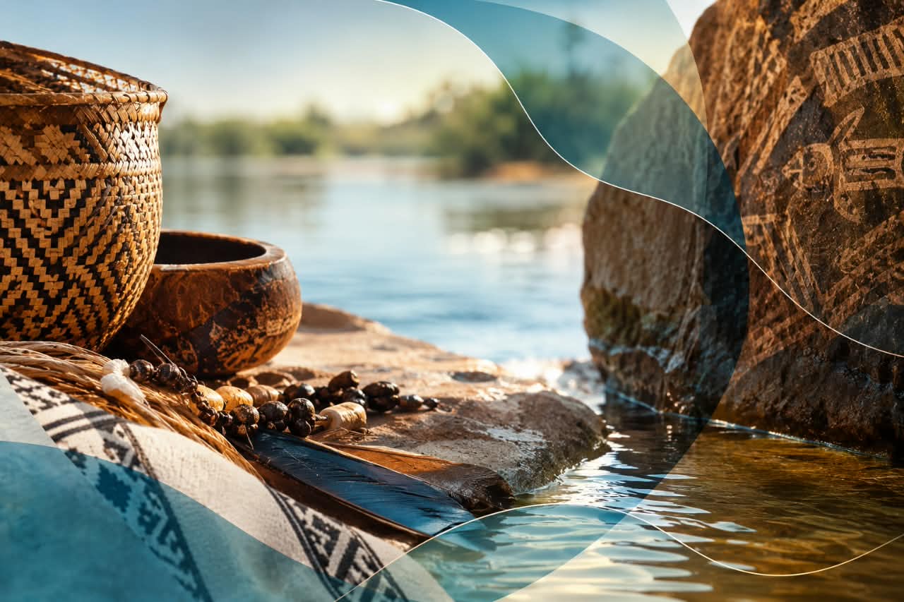 A woven basket, a gourd bowl and seed necklaces on a riverbank beside rock carvings